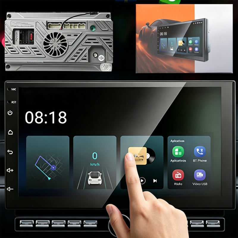 7 英寸 IPS 2.5D 车载多媒体导航一体机 | 4 核 4G+64G，Android 14，无线 CarPlay/Android Auto，GPS 导航，5G WiFi 蓝牙 5.0，DSP 音效，AHD 倒车影像，DVR 行车记录，ANATEL 认证