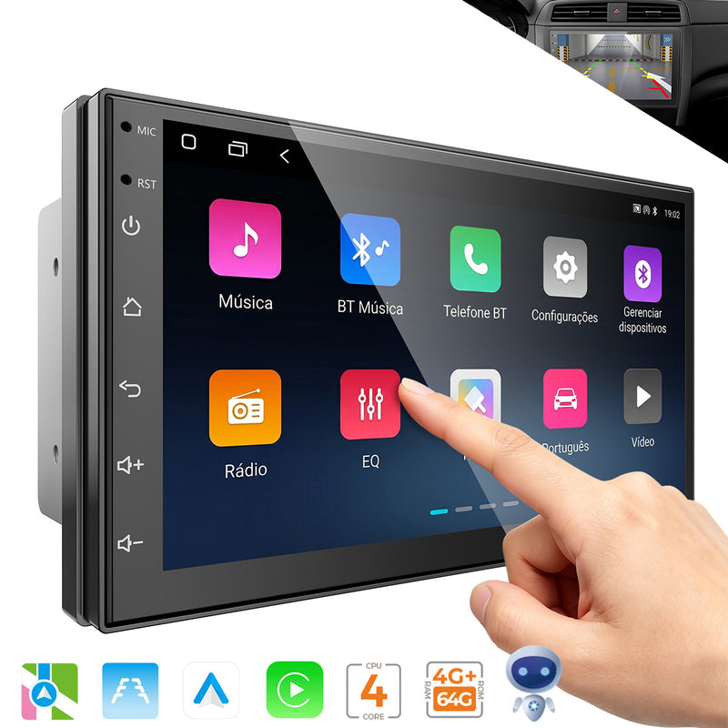 7 英寸 IPS 车载多媒体导航一体机 | 4 核 4G+64G，Android 14，无线 CarPlay/Android Auto，GPS 导航，5G WiFi 蓝牙 5.0，AHD 倒车影像，DVR 行车记录