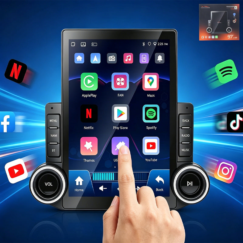 9.7 英寸 QLED 竖向车载多媒体导航一体机 VPL-1168 | 八核 4G+64G，Android 14，无线 CarPlay/Android Auto，GPS 导航，5G WiFi 蓝牙 5.0，DSP 音效，360° 全景摄像头支持
