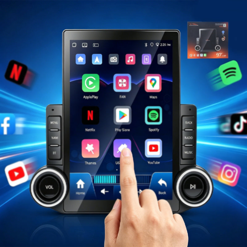 9.7 英寸 QLED 竖向车载多媒体导航一体机 VPL-1168 | 八核 4G+64G，Android 14，无线 CarPlay/Android Auto，GPS 导航，5G WiFi 蓝牙 5.0，DSP 音效，360° 全景摄像头支持