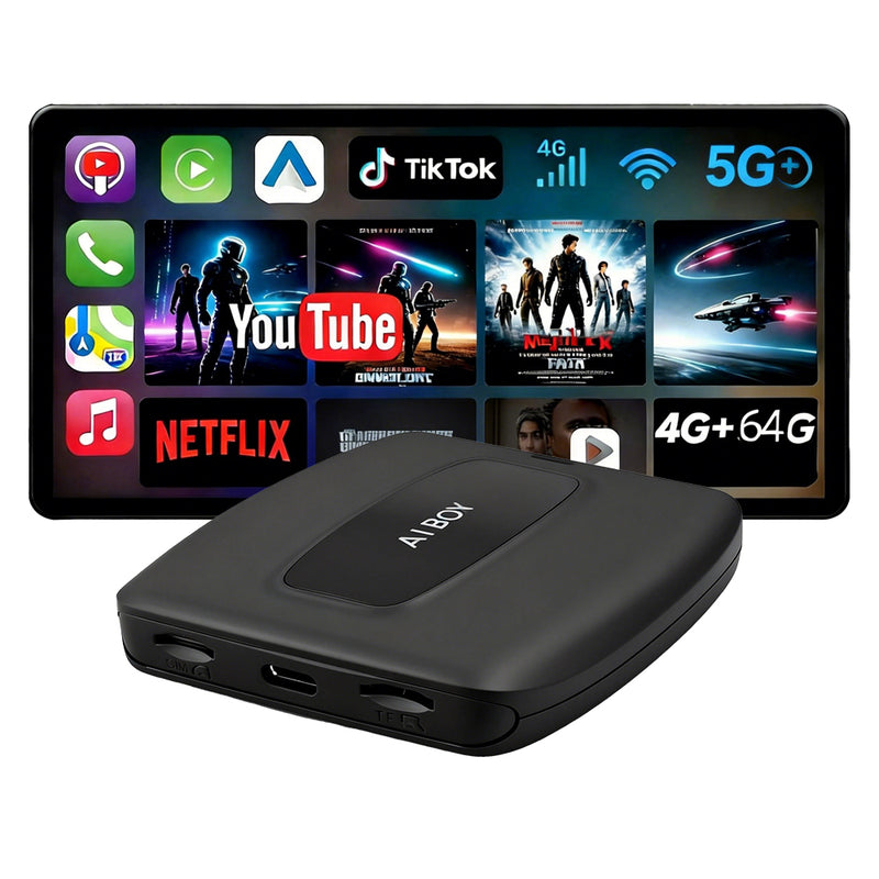 Android AI Box 智能车载盒子 | 八核 4G+64G，无线 CarPlay/Android Auto，Android 12 系统，5G WiFi 蓝牙 5.0，4G 全网通，支持 SIM/TF/Type-C，即插即用