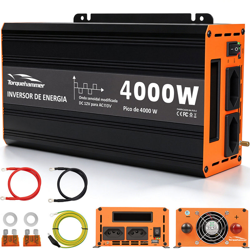 TORQUEHAMMER VPL-3655-1 4000W 大功率车载电源逆变器 12V 转 110V 修正正弦波 双 AC 插座 + USB 充电 峰值 4000W 连续 2000W 家用电器/露营/房车/户外作业多场景适用