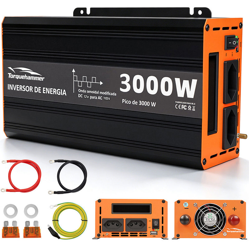 TORQUEHAMMER VPL-3654-1 3000W 大功率车载电源逆变器 12V 转 110V 修正正弦波 双 AC 插座 + USB 充电 峰值 3000W 连续 1500W 家用电器/露营/房车/户外作业多场景适用