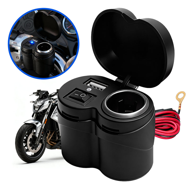 ATEC 摩托车12V通用防水车载充电器 车把加装 USB 快充 + 点烟器双接口 带独立开关防雨保护盖