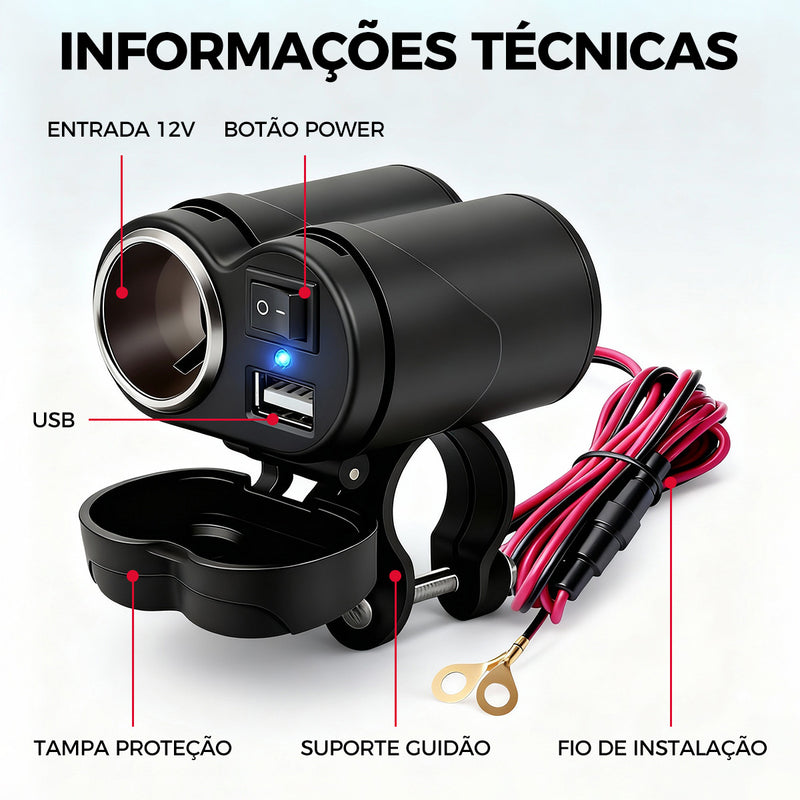 ATEC 摩托车12V通用防水车载充电器 车把加装 USB 快充 + 点烟器双接口 带独立开关防雨保护盖