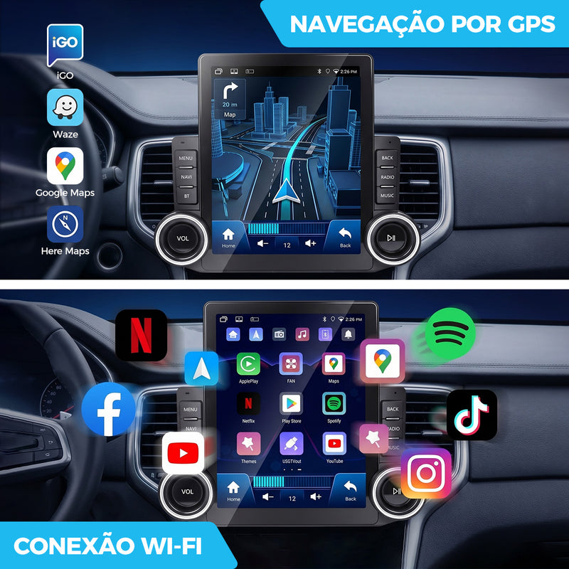 9.7 英寸 QLED 竖向车载多媒体导航一体机 | Android 14 + 4G+64G，无线 CarPlay/Android Auto，GPS 多地图导航，5G WiFi 蓝牙 5.0，DSP 数字音效