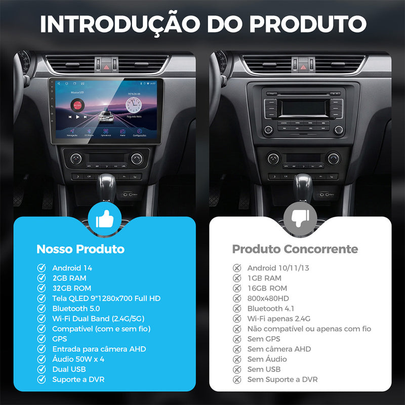 9 英寸 IPS 2.5D 车载多媒体导航一体机 VPL-1109/232 | 4 核 2G+32G，Android 14，无线 CarPlay/Android Auto，GPS 导航，5G WiFi 蓝牙 5.0，AHD 倒车影像，DVR 行车记录，ANATEL 认证