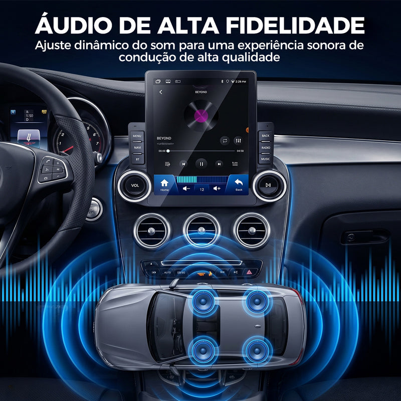 9.7 英寸 QLED 竖向车载多媒体导航一体机 | Android 14 + 4G+64G，无线 CarPlay/Android Auto，GPS 多地图导航，5G WiFi 蓝牙 5.0，DSP 数字音效