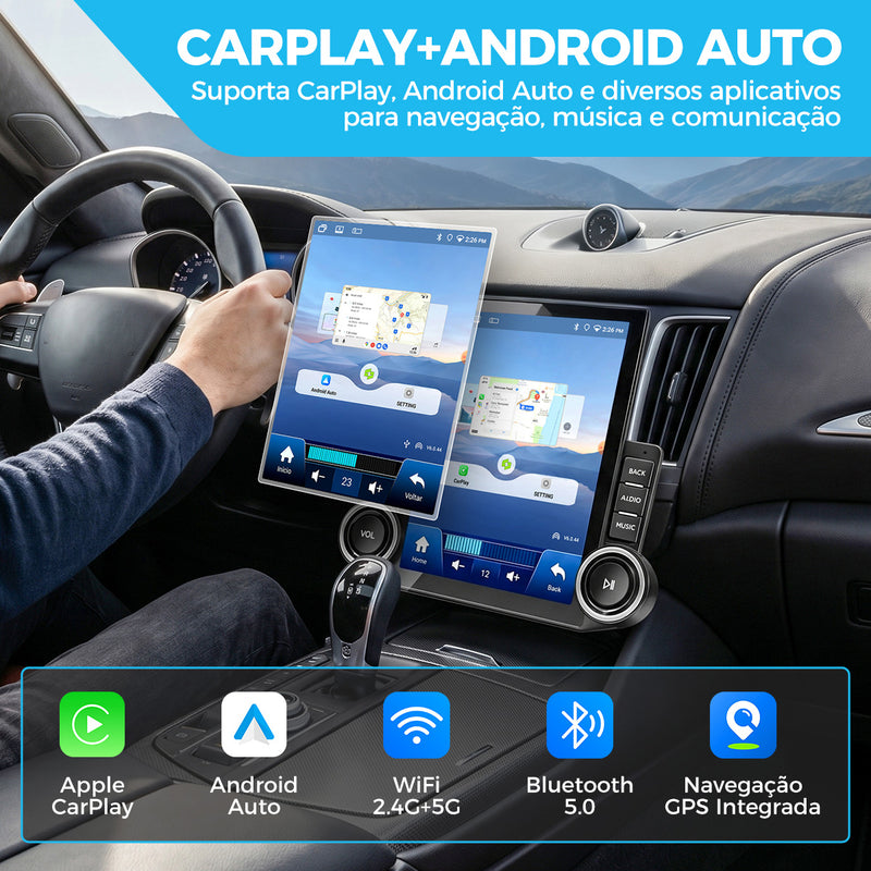 9.7 英寸 QLED 竖向车载多媒体导航一体机 | Android 14 + 4G+64G，无线 CarPlay/Android Auto，GPS 多地图导航，5G WiFi 蓝牙 5.0，DSP 数字音效