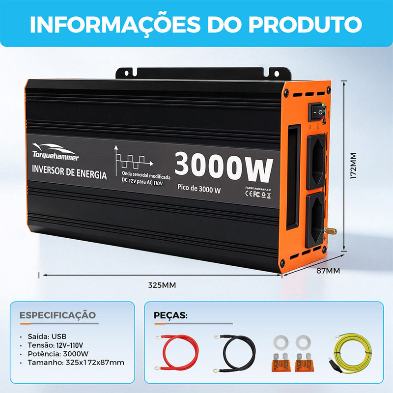 TORQUEHAMMER VPL-3654-1 3000W 大功率车载电源逆变器 12V 转 110V 修正正弦波 双 AC 插座 + USB 充电 峰值 3000W 连续 1500W 家用电器/露营/房车/户外作业多场景适用