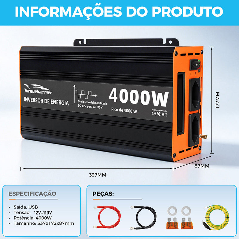 TORQUEHAMMER VPL-3655-1 4000W 大功率车载电源逆变器 12V 转 110V 修正正弦波 双 AC 插座 + USB 充电 峰值 4000W 连续 2000W 家用电器/露营/房车/户外作业多场景适用