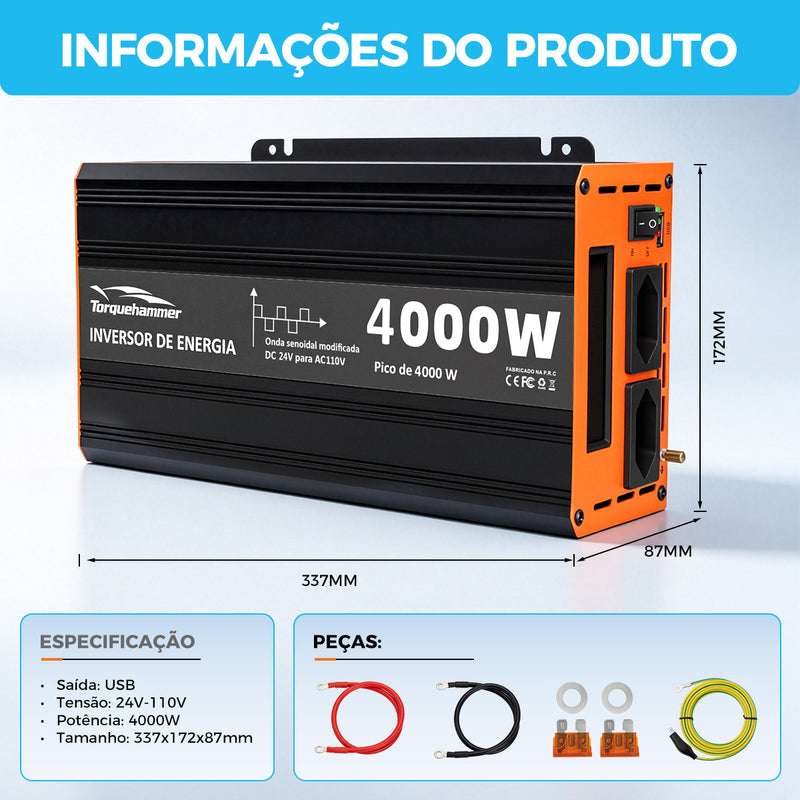 TORQUEHAMMER VPL-3654-7 4000W 大功率车载电源逆变器 24V 转 110V 修正正弦波 双 AC 插座 + USB 充电 峰值 4000W 连续 2000W 卡车/工程机械/房车/家用电器多场景适用