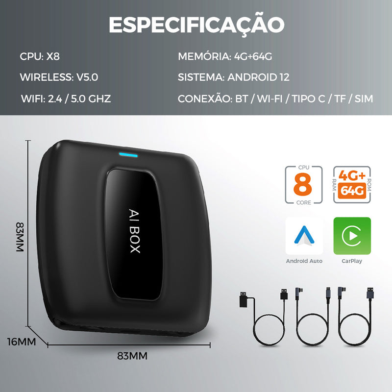 Android AI Box 智能车载盒子 | 八核 4G+64G，无线 CarPlay/Android Auto，Android 12 系统，5G WiFi 蓝牙 5.0，4G 全网通，支持 SIM/TF/Type-C，即插即用