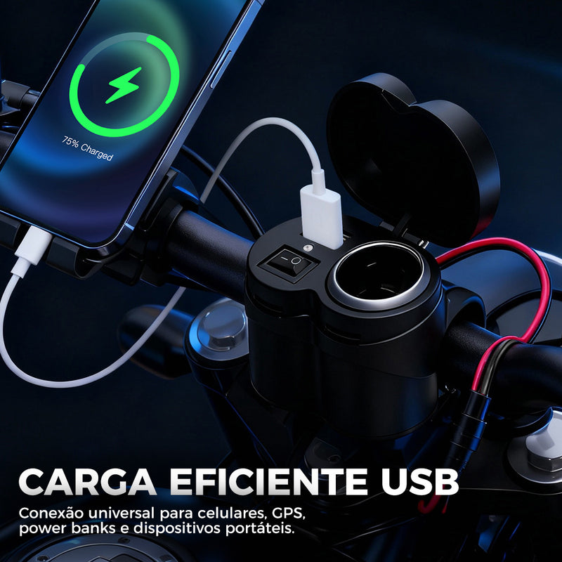 ATEC 摩托车12V通用防水车载充电器 车把加装 USB 快充 + 点烟器双接口 带独立开关防雨保护盖