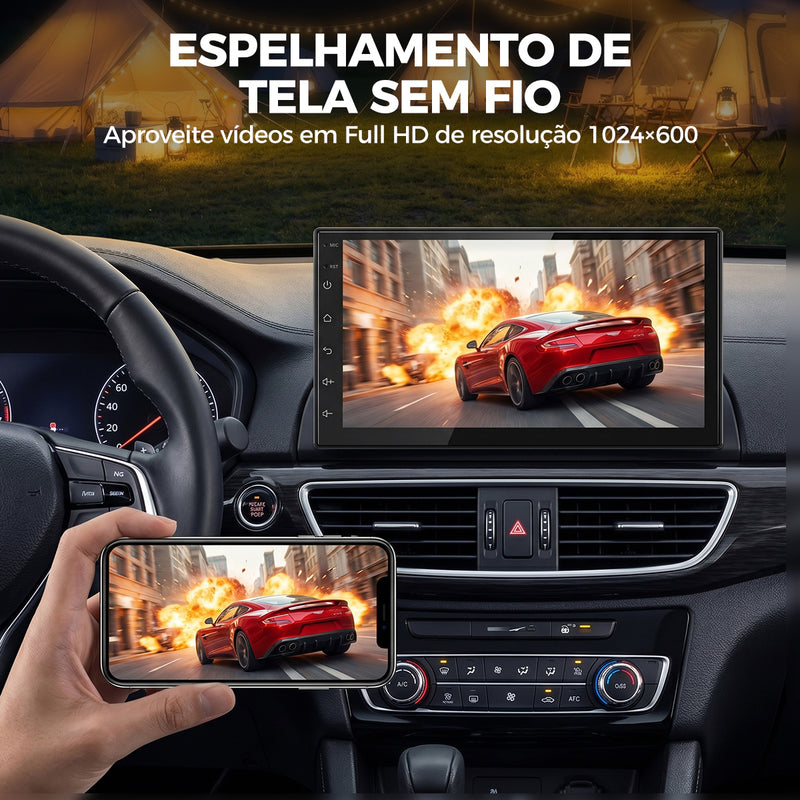 7 英寸 IPS 2.5D 车载多媒体导航一体机 | 4 核 4G+64G，Android 14，无线 CarPlay/Android Auto，GPS 导航，5G WiFi 蓝牙 5.0，DSP 音效，AHD 倒车影像，DVR 行车记录，ANATEL 认证