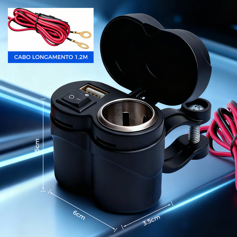 ATEC 摩托车12V通用防水车载充电器 车把加装 USB 快充 + 点烟器双接口 带独立开关防雨保护盖