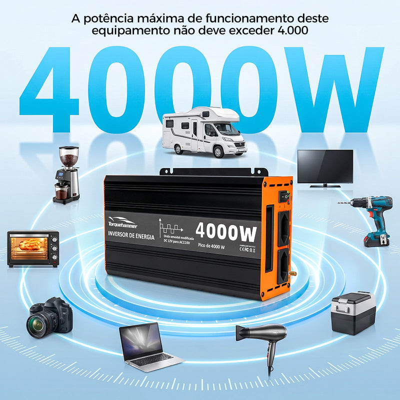 TORQUEHAMMER VPL-3655-1 4000W 大功率车载电源逆变器 12V 转 110V 修正正弦波 双 AC 插座 + USB 充电 峰值 4000W 连续 2000W 家用电器/露营/房车/户外作业多场景适用