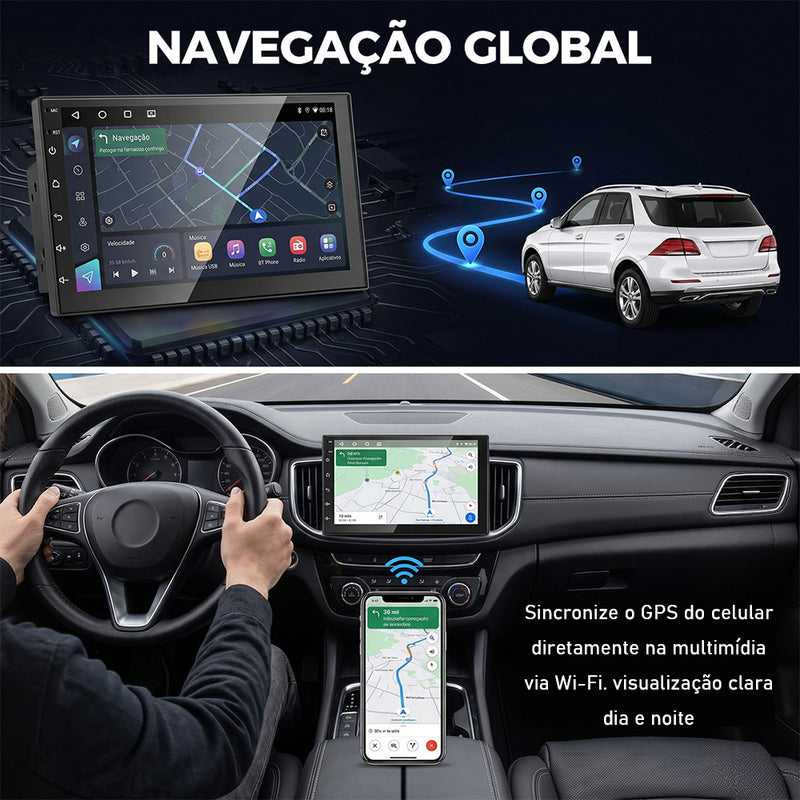 7 英寸 IPS 2.5D 车载多媒体导航一体机 | 4 核 4G+64G，Android 14，无线 CarPlay/Android Auto，GPS 导航，5G WiFi 蓝牙 5.0，DSP 音效，AHD 倒车影像，DVR 行车记录，ANATEL 认证