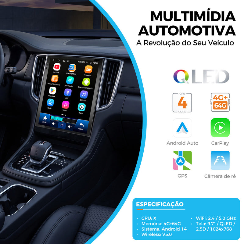 9.7 英寸 QLED 车载多媒体导航一体机 | Android 14 + 4G+64G，无线 CarPlay/Android Auto，内置 GPS 导航，5G WiFi 蓝牙 5.0，DSP 音效，全套安装配件