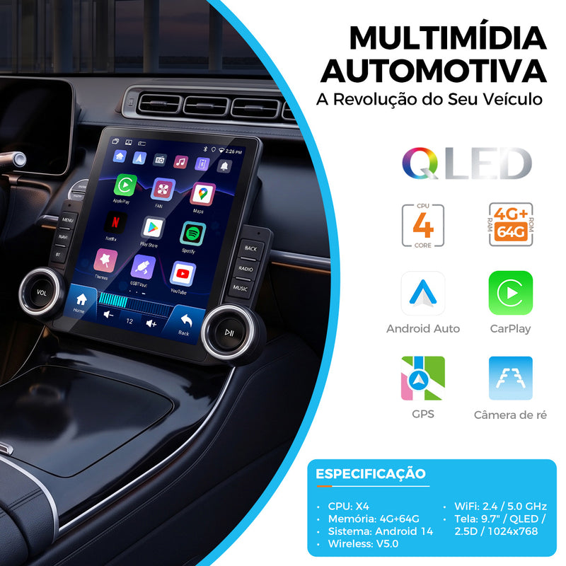 9.7 英寸 QLED 竖向车载多媒体导航一体机 | Android 14 + 4G+64G，无线 CarPlay/Android Auto，GPS 多地图导航，5G WiFi 蓝牙 5.0，DSP 数字音效