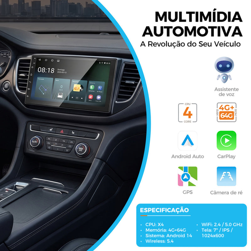 7 英寸 IPS 车载多媒体导航一体机 | 4 核 4G+64G，Android 14，无线 CarPlay/Android Auto，GPS 导航，5G WiFi 蓝牙 5.0，AHD 倒车影像，DVR 行车记录