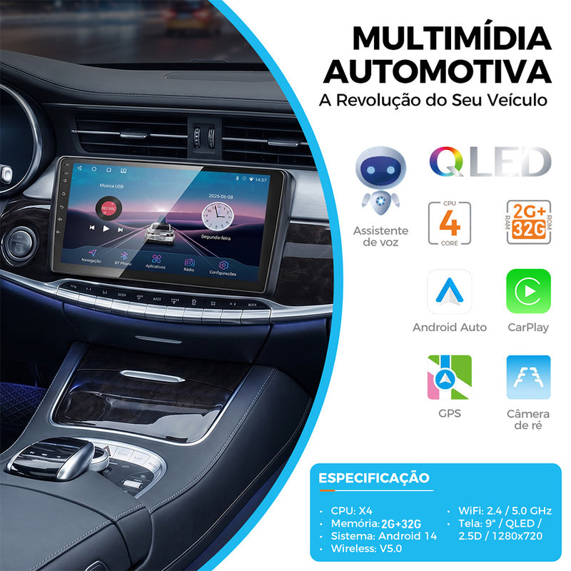 9 英寸 IPS 2.5D 车载多媒体导航一体机 VPL-1109/232 | 4 核 2G+32G，Android 14，无线 CarPlay/Android Auto，GPS 导航，5G WiFi 蓝牙 5.0，AHD 倒车影像，DVR 行车记录，ANATEL 认证