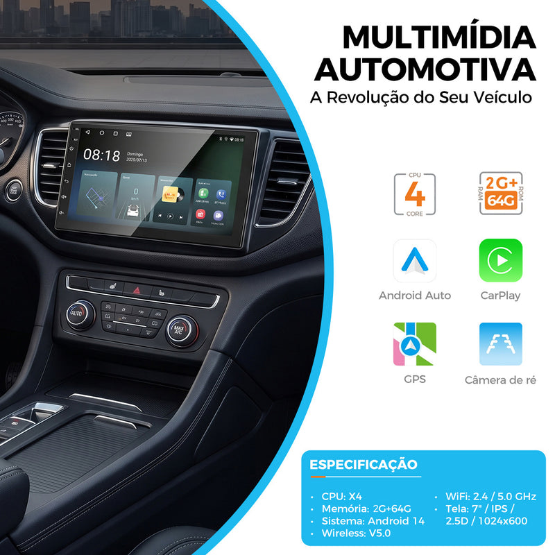 7 英寸 IPS 2.5D 车载多媒体导航一体机 VPL-1107/264 | 4 核 2G+64G，Android 14，无线 CarPlay/Android Auto，GPS 导航，5G WiFi 蓝牙 5.0，DSP 数字音效，ANATEL 认证