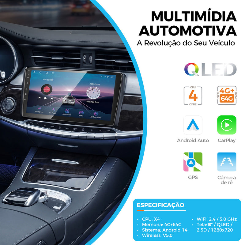 10 英寸 QLED 2.5D 车载多媒体导航一体机 | 4 核 4G+64G，Android 14，无线 CarPlay/Android Auto，GPS 导航，5G WiFi 蓝牙 5.0，AHD 倒车影像，DVR 行车记录