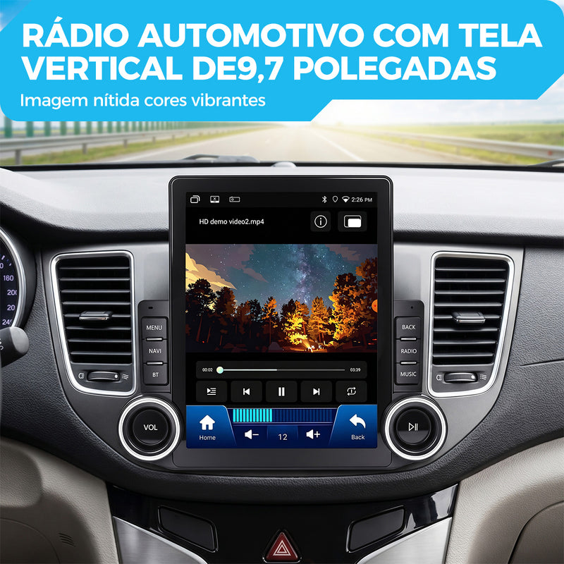 9.7 英寸 QLED 竖向车载多媒体导航一体机 | Android 14 + 4G+64G，无线 CarPlay/Android Auto，GPS 多地图导航，5G WiFi 蓝牙 5.0，DSP 数字音效