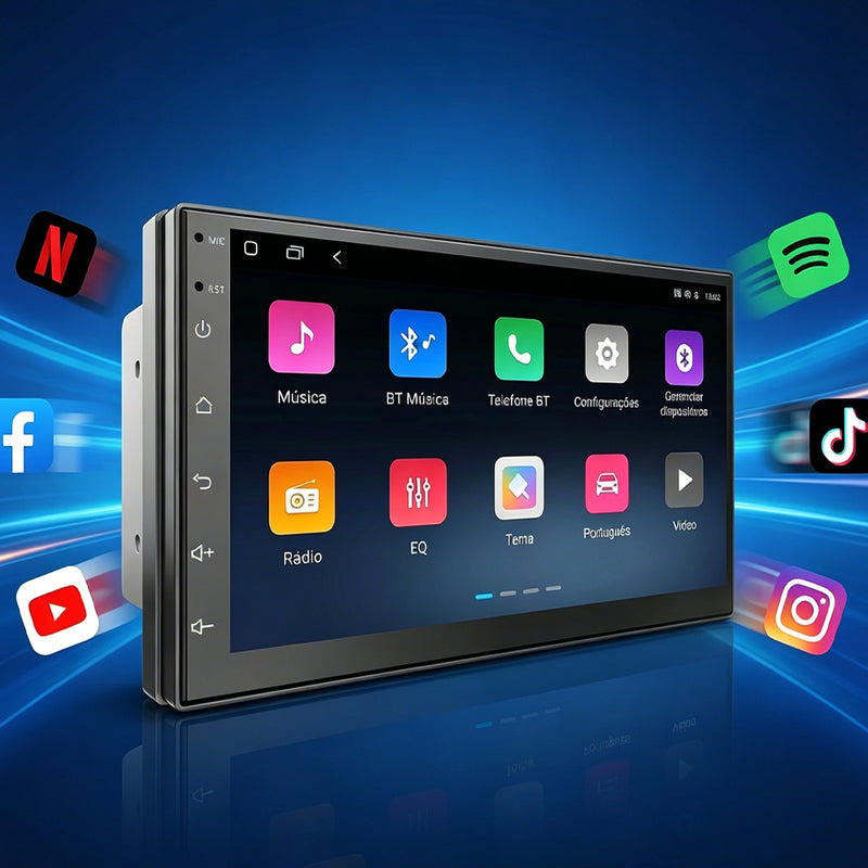 7 英寸 IPS 2.5D 车载多媒体导航一体机 | 4 核 4G+64G，Android 14，无线 CarPlay/Android Auto，GPS 导航，5G WiFi 蓝牙 5.0，DSP 音效，AHD 倒车影像，DVR 行车记录，ANATEL 认证