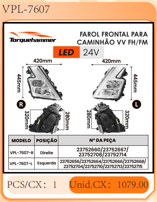 TORQUEHAMMER VPL-7607 沃尔沃 FH/FM 卡车专用 LED 前大灯总成 左右分体设计 24V 远近光一体 日行灯/转向灯集成 IP67防水防尘 原厂替换升级 即插即用