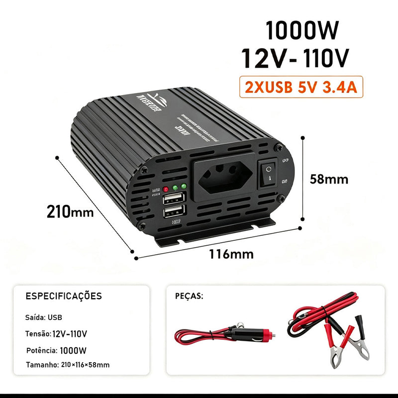 TORQUEHAMMER VPL-3653-3 1000W 大功率车载电源逆变器 12V 转 110V 纯正弦波 双 USB 快充 3.4A 房车/露营/户外作业/应急供电全能搭档 咖啡机/冰箱/洗衣机/无人机一机搞定