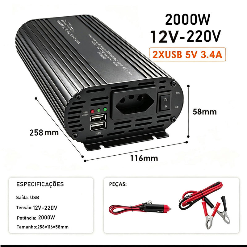 TORQUEHAMMER VPL-3653-6 2000W 超大功率车载电源逆变器 12V 转 220V 纯正弦波 双 USB 快充 3.4A 房车/露营/离网生活/户外作业全能供电站 咖啡机/冰箱/洗衣机/搅拌机/电钻一机搞定