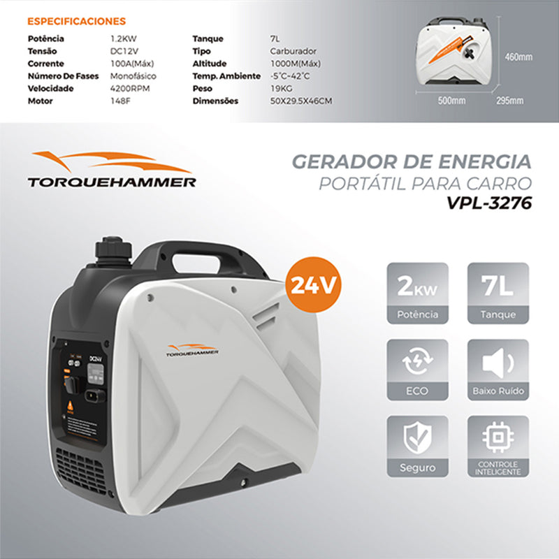 TORQUEHAMMER VPL-3276 2kW 24V 直流便携式发电机 7L大油箱 静音运行 遥控/面板/手动/自动四重启动 安全保护齐全 卡车/工程机械/房车/户外作业/应急充电全能伴侣 轻便易携