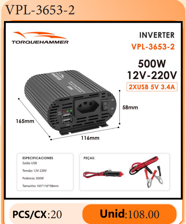 TORQUEHAMMER VPL-3653-2 500W 车载电源逆变器 12V 转 220V 纯正弦波 双 USB 快充 3.4A 大功率输出 兼容笔记本/无人机/投影仪/车载冰箱 自驾露营/移动办公/应急供电全能搭档