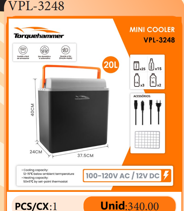TORQUEHAMMER VPL-3248 20L 便携式冷暖两用箱 车家两用 制冷/加热双功能 低于环境温度12-15℃ 加热至50±5℃ 轻便手提 自驾露营办公居家全能伴侣
