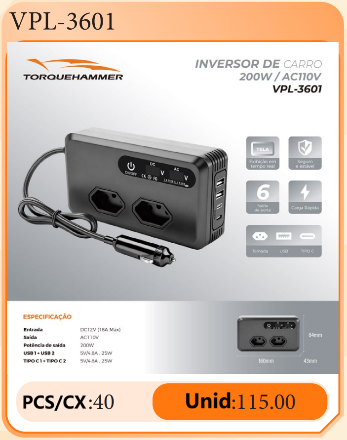 TORQUEHAMMER VPL-3601 200W 车载逆变器 12V 转 110V 纯正弦波 双 USB + 双 Type-C 快充 实时屏显 11 重安全保护 小巧便携 笔记本/CPAP/无人机/相机/露营供电全能搭档