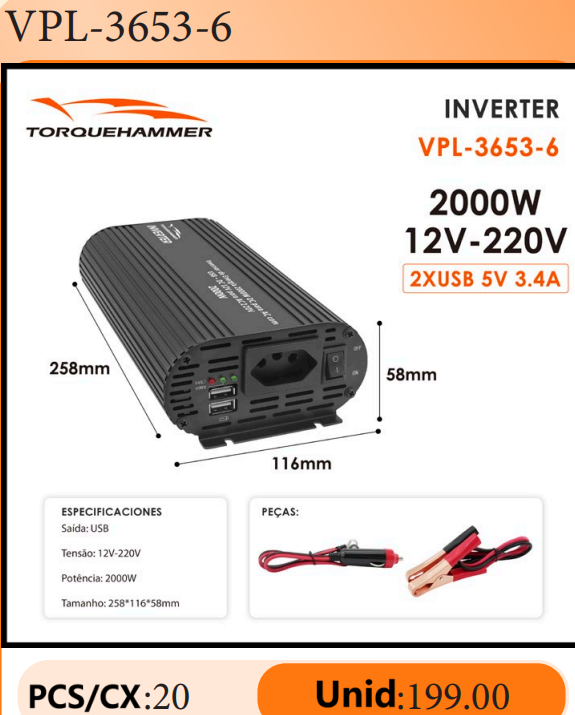 TORQUEHAMMER VPL-3653-6 2000W 超大功率车载电源逆变器 12V 转 220V 纯正弦波 双 USB 快充 3.4A 房车/露营/离网生活/户外作业全能供电站 咖啡机/冰箱/洗衣机/搅拌机/电钻一机搞定