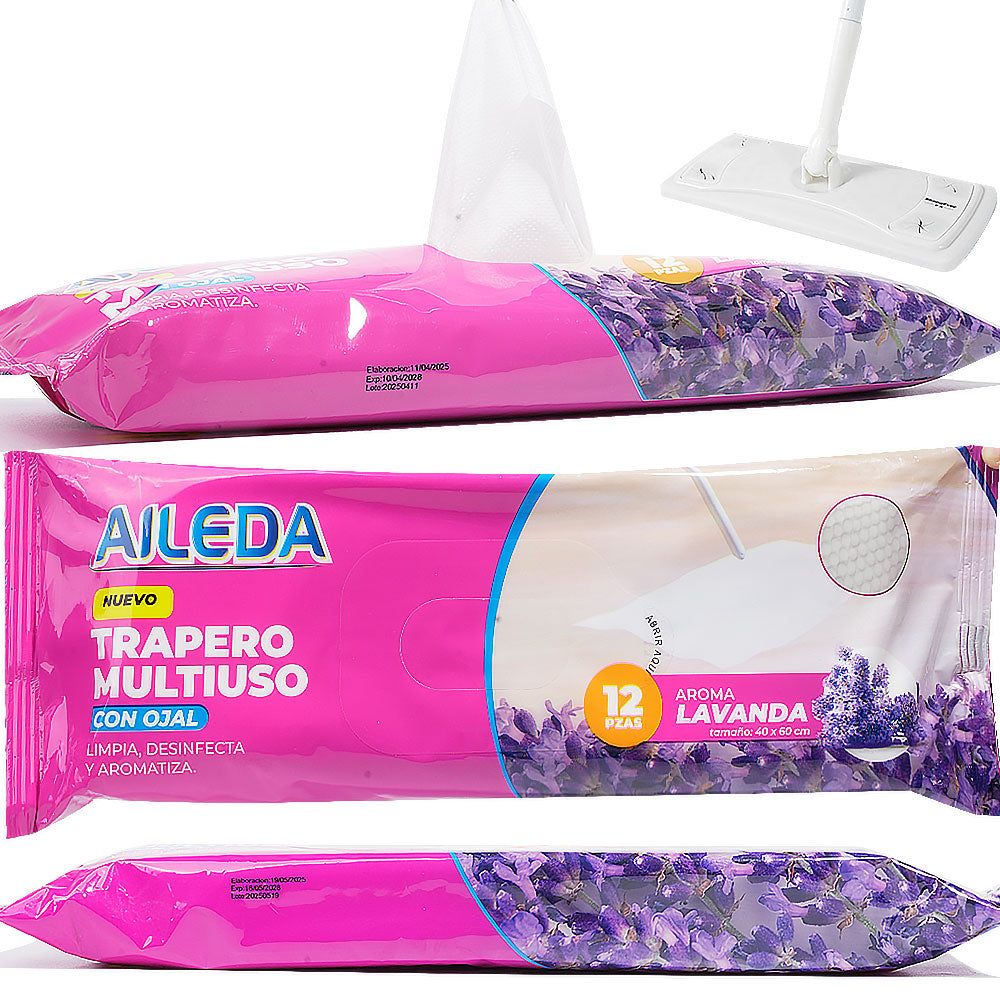 AILEDA 薰衣草香型一次性带孔湿拖布 40×60cm 平板拖把专用除尘拖地湿巾 袋装 12 片
