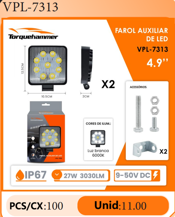 TORQUEHAMMER VPL-7313 2 件装 27W LED 辅助灯 3030LM 6000K 白光 IP67 防水防尘 9-50V 宽电压 180° 可调角度 越野/工程机械/卡车/拖拉机/叉车多场景适用