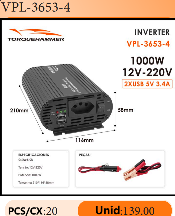 TORQUEHAMMER VPL-3653-4 1000W 大功率车载电源逆变器 12V 转 220V 纯正弦波 双 USB 快充 3.4A 房车/露营/户外作业/应急供电全能搭档 咖啡机/冰箱/洗衣机/无人机一机搞定