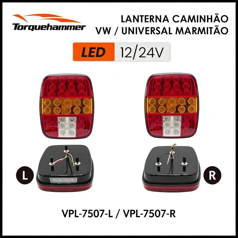 TORQUEHAMMER VPL-7507 大众卡车/通用货车 LED 尾灯总成 左右分体设计 12/24V 通用 四合一照明（刹车/位置/转向/倒车） IP65 防水抗振 即插即用 Marmitão 风格 190×155mm