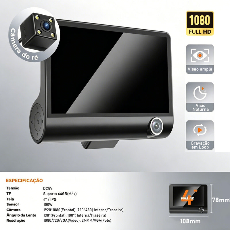 TORQUEHAMMER VPL‑3002 三路全高清行车记录仪 前内后三摄同步录制 4英寸IPS屏 130°广角 夜视功能 循环录像 停车监控 支持64GB TF卡 即插即用 通用所有车型