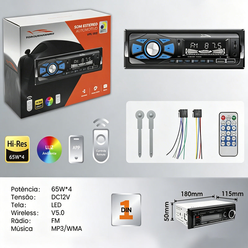 VPL-1513 车载立体声音响播放器 | 65W×4 高功率输出，蓝牙 5.0 免提通话，FM 收音，USB/AUX/TF 多音源输入，LED 显示屏，氛围灯与 APP 智能遥控，ANATEL 认证
