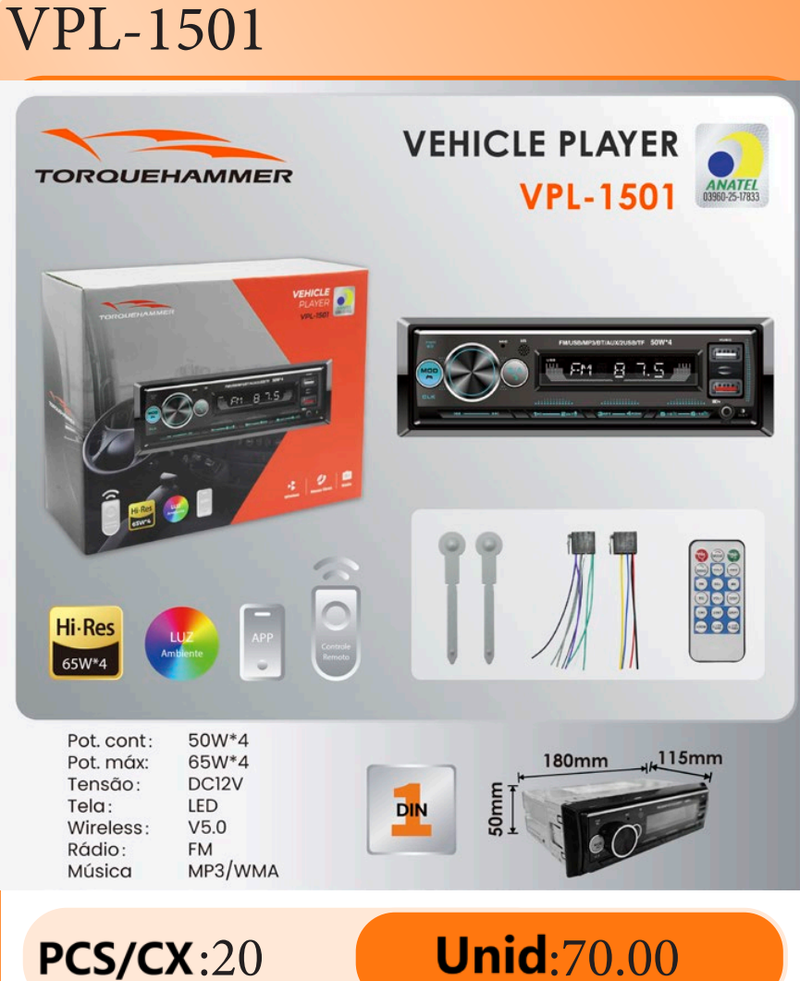 VPL-1501 车载多媒体播放器 | 50W×4 大功率输出，蓝牙 5.0 免提通话，FM 收音，USB/AUX/TF 多音源输入，LED 显示屏，ANATEL 认证