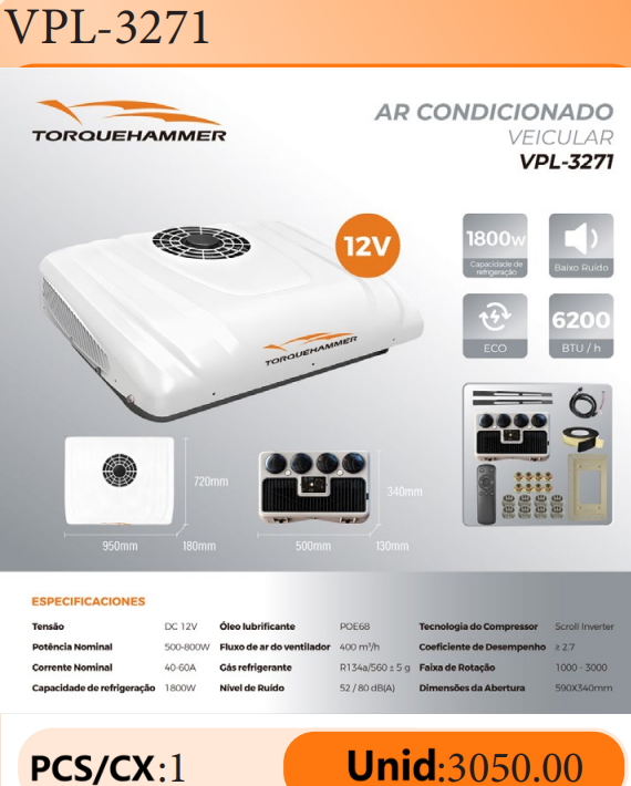 TORQUEHAMMER VPL-3271 12V 车载驻车空调 冷暖双模 6200BTU 制冷/5000BTU 制热 变频涡旋压缩机 低矮流线型设计 多重抗震结构 卡车/挖掘机/房车/巴士等车型通用 驻车休息省油之选