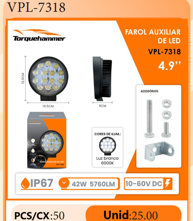 TORQUEHAMMER VPL-7318 2 件装 42W LED 辅助灯 5760LM 6000K 白光 IP67 防水防尘 10-60V 超宽电压 180° 可调角度 -40~+120℃ 极端耐温 越野/工程/船舶/应急救援/农场作业全能照明