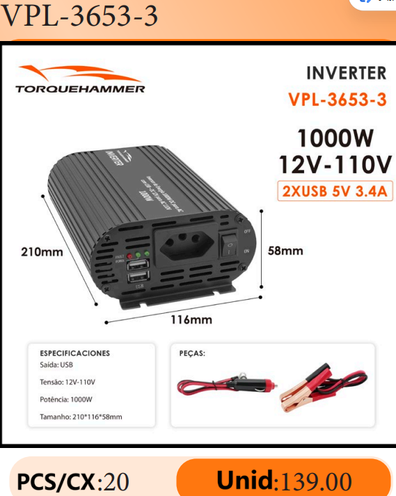 TORQUEHAMMER VPL-3653-3 1000W 大功率车载电源逆变器 12V 转 110V 纯正弦波 双 USB 快充 3.4A 房车/露营/户外作业/应急供电全能搭档 咖啡机/冰箱/洗衣机/无人机一机搞定