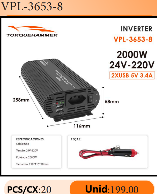 TORQUEHAMMER VPL-3653-8 2000W 超大功率车载电源逆变器 24V 转 220V 纯正弦波 双 USB 快充 3.4A 房车/卡车/工程机械/离网生活全能供电站 咖啡机/冰箱/洗衣机/搅拌机/电钻一机搞定