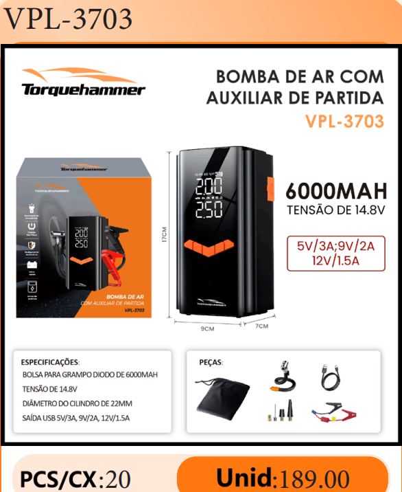 TORQUEHAMMER VPL-3703 6000mAh 汽车应急启动电源 12V 启动/充气泵二合一 零伏启动 USB 快充 3A 输出 LED 照明 四模式预设胎压 冬季夏季全场景适用